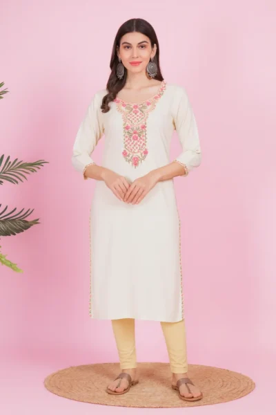 LK-81-1 White Rayon Embroidered Kurta