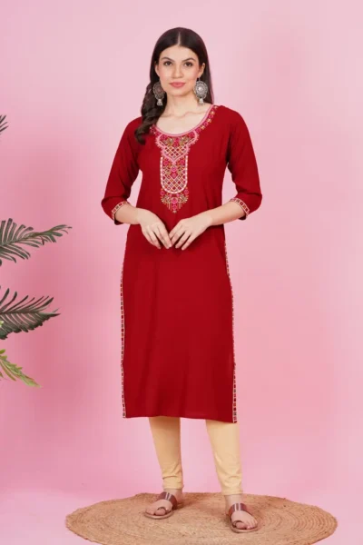 LK-82-1 Red Rayon Embroidered Kurta
