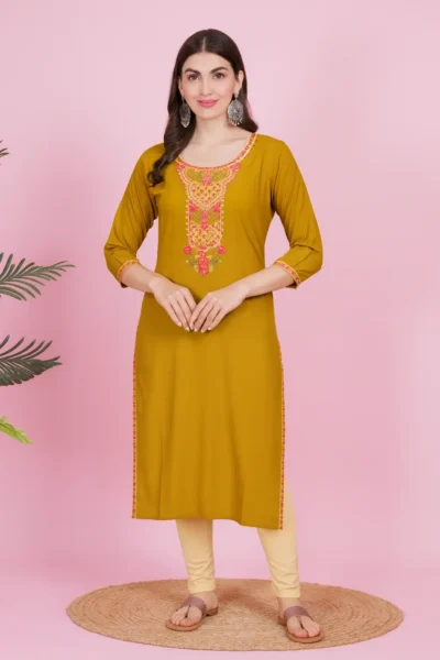 LK-83-1 Mustard Rayon Embroidered Kurta