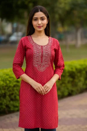 Slub Cotton Printed & Embroidered Kurta - M-38"