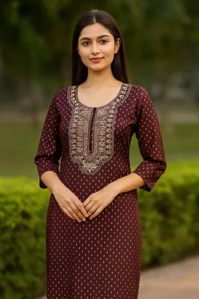 LK-85-1 Slub Cotton Printed & Embroidered Kurta – Wine