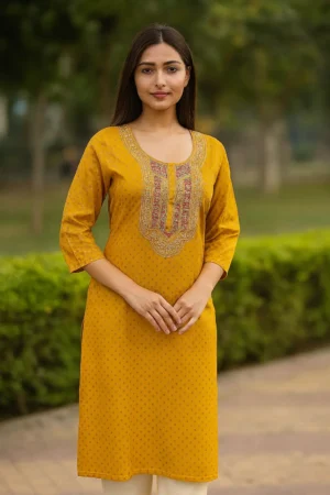 Slub Cotton Printed & Embroidered Kurta – Mustard
