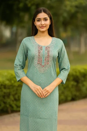 Slub Cotton Printed & Embroidered Kurta – Aqua Blue