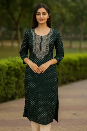 Slub Cotton Printed & Embroidered Kurta – Deep Green