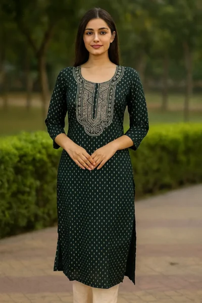 LK-88-1 Slub Cotton Printed & Embroidered Kurta – Deep Green