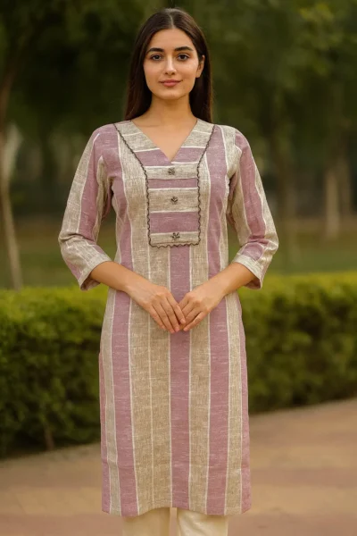 LK-89-1 Premium Heavy Kaysons Striped Kurti – Lavender & Beige