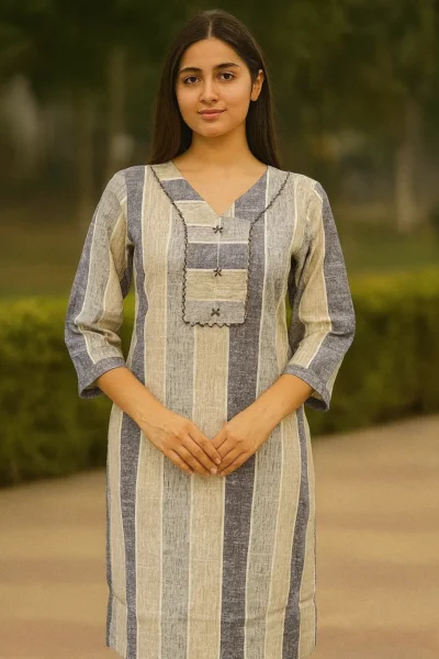 LK-90-1 Premium Heavy Kaysons Striped Kurti – Grey & Blue