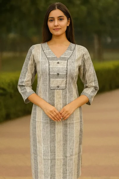 LK-91-1 Premium Heavy Kaysons Striped Kurti – Grey & White