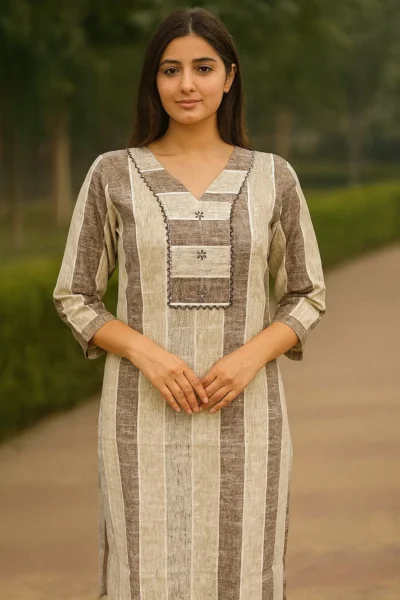 LK-92-1 Premium Heavy Kaysons Striped Kurti – Brown & Beige
