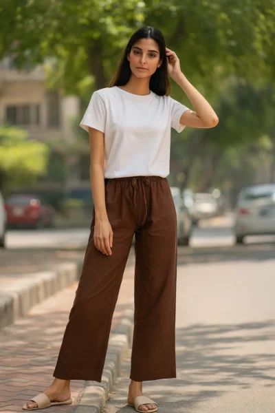 PNT-20-1 Brown Linen Straight-Fit Pants