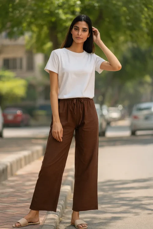 PNT-20-1 Brown Linen Straight-Fit Pants