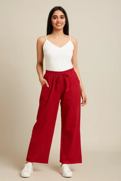 PNT-21-1 Red Linen Straight-Fit Pants