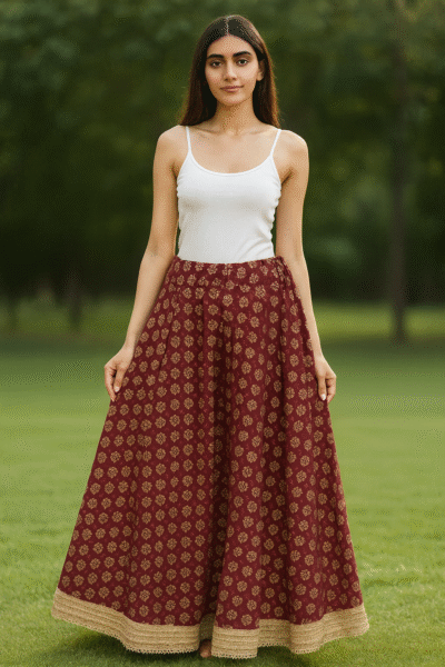 SKT-10-1 Maroon Rayon Lace Work Skirt