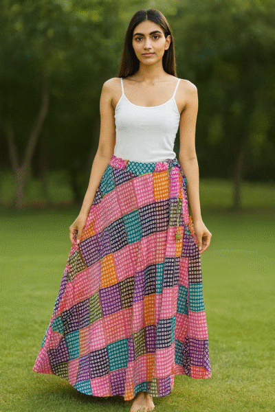SKT-11-1 Silk Blend Bandhani Print Skirt with Lace Work