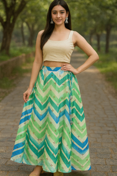 SKT-13-1 Silk Blend Blue-Green Chevron Print Skirt