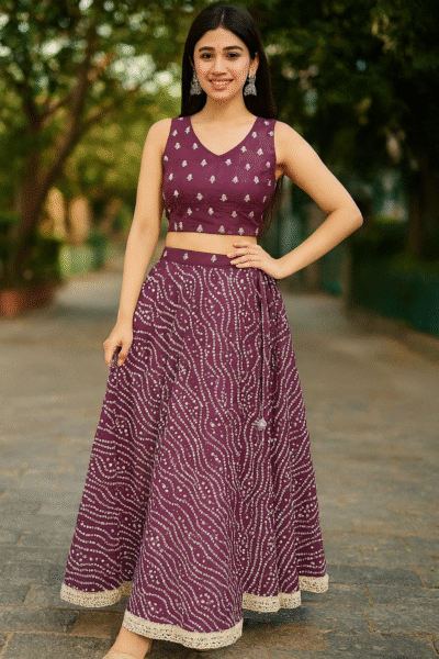 SKT-14-1 Silk Blend Maroon Bandhani Print Skirt with Lace Work
