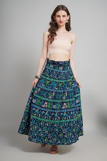 SKT-6-1 Cotton Ethnic Flared Skirt with Multicolor Warli Tribal Print