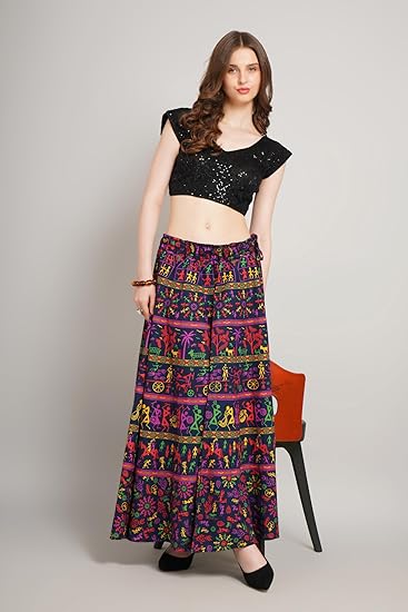 SKT-7-1 Cotton Ethnic Flared Skirt with Multicolor Warli Tribal Print