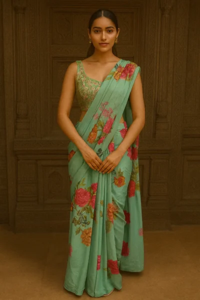 SRE-32-1 Mint Green Floral Crepe Ready-to-Wear Saree with Embroidered Blouse