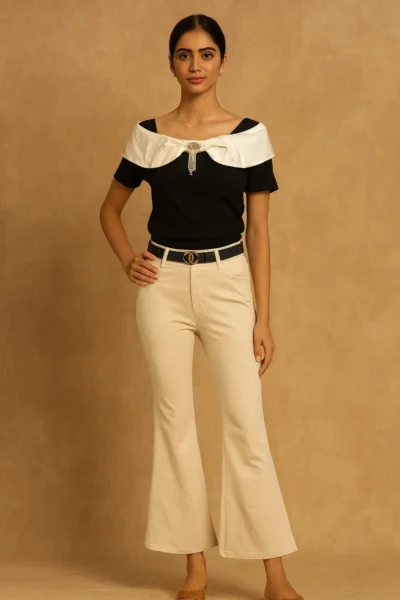 TOP-50-1 Imported Fabric Top – Black & White Elegance
