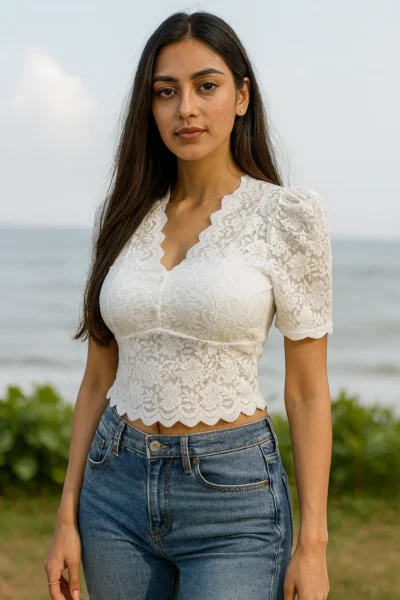 TOP-52-1 Knitted White Lace Crop Top with Scalloped Hem
