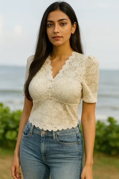 TOP-54-1 Knitted Beige Lace Crop Top with Scalloped Hem