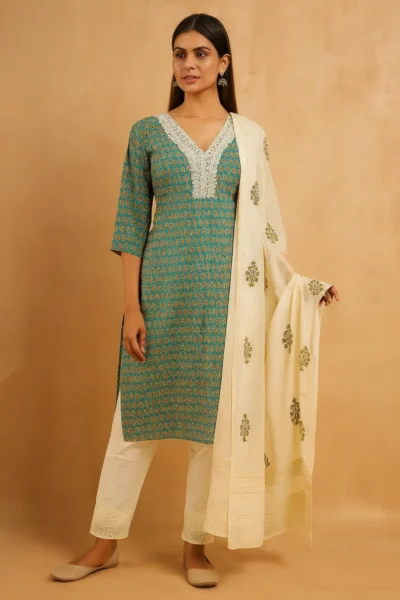 UNS-1-1 Pure Cotton Unstitched Suit Set with Sequin Dupatta & Chicken Print Bottom