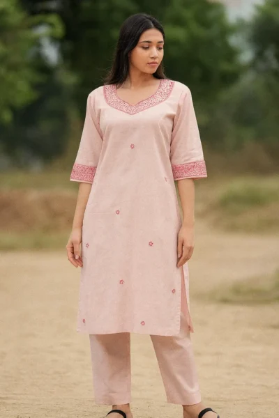 CRD-104-1 Baby Pink Organic Cotton Co-ord Set with French Knots Embroidery