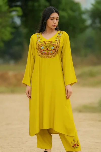 CRD-105-1 Sunshine Yellow Organic Cotton Hand-Embroidered Co-ord Set
