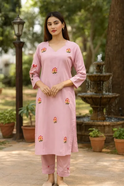 CRD-106-1 Blossom Pink Hand-Embroidered Organic Cotton Co-ord Set