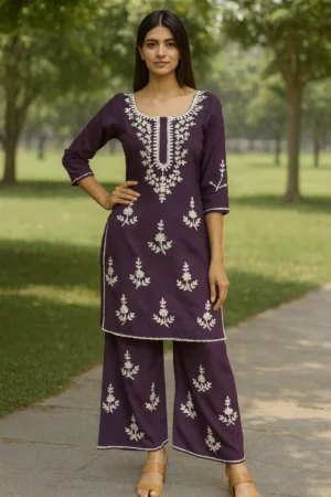 CRD-109-1 Purple Blossom Embroidered Rayon Co-ord Set