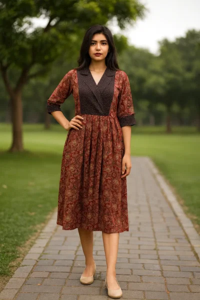 DRS-168-1 A-Line Ajrak Hand Block Printed Dress – Maroon & Black