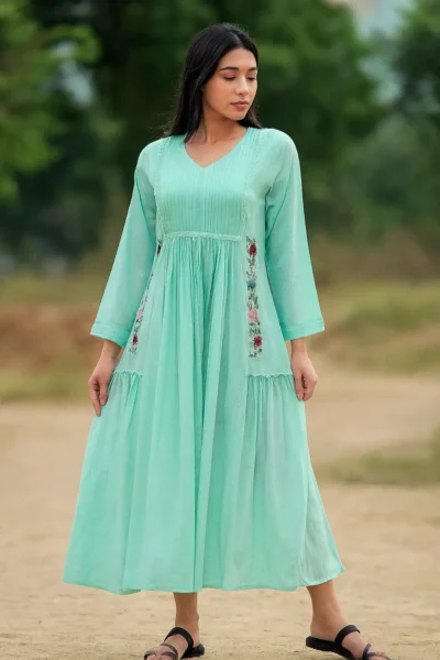 DRS-169-1 A-Line Mul-Mul Hand Embroidered Dress – Mint Green
