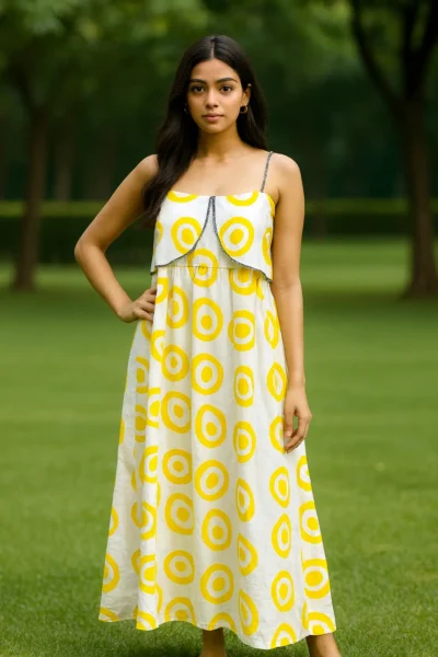 DRS-172-1 Yellow Orbit Printed Cotton Maxi Dress