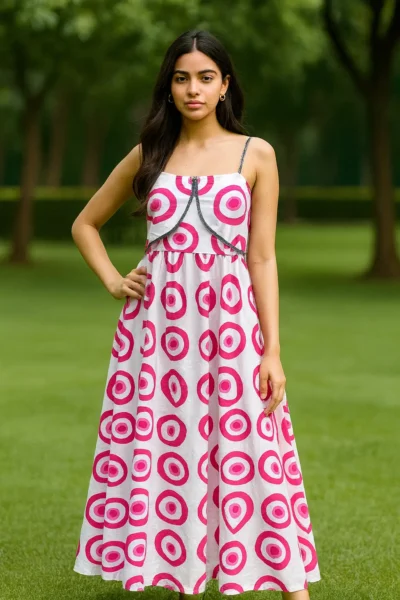 DRS-173-1 Pink Orbit Printed Cotton Maxi Dress