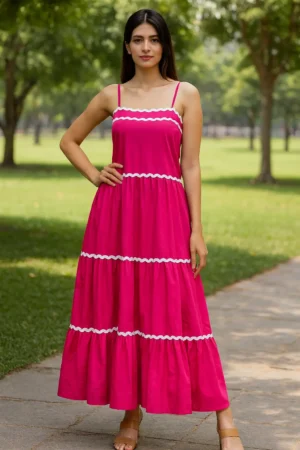 DRS-175-1 Candy Pink Tiered Cotton Maxi Dress