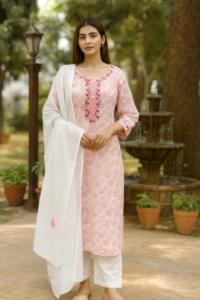 KPD-439-1 Pink Floral Hand-Embroidered Jaamdhani Three-Piece Suit Set
