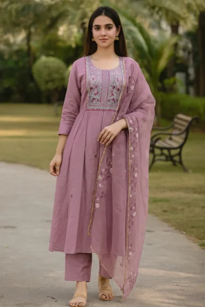 KPD-440-1 Lavender Mauve Hand-Embroidered Russian Silk Three-Piece Suit Set