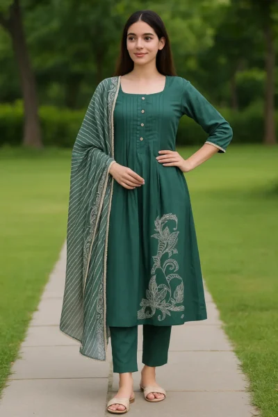 KPD-441-1 Bottle Green Hand-Embroidered Gajji Silk A-Line Suit Set