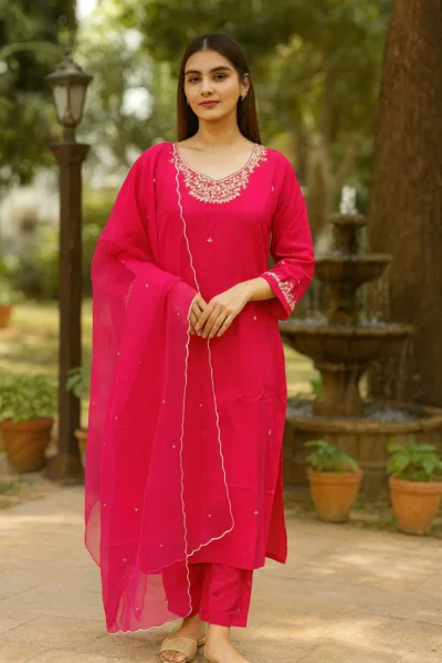 KPD-442-1 Rani Pink Hand-Embroidered Dola Silk Party Wear Suit Set
