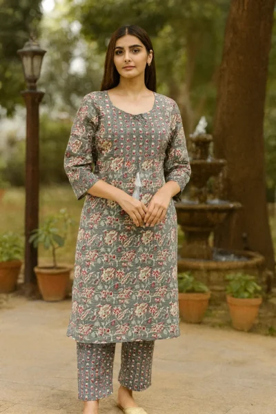 KPD-443-1 Grey Floral Cotton Kantha Work Two-Piece Suit Set