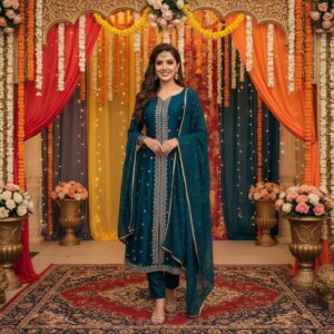 KPD-445-1 Elegant Teal Vichitra Silk Kurta Pant Dupatta Set