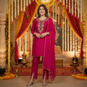 KPD-446-1 Fuchsia Self-Printed Cotton Kurta Pant Dupatta Set